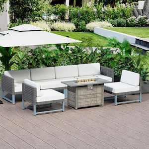 Black Wicker Rattan 7-Piece Outdoor Patio Conversation Set with Gray Cushion and 43 in. Fire Pit Table