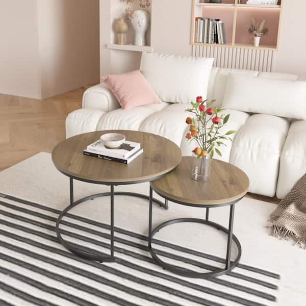 Unbranded Brown Wood Round Nesting Coffee Table Set of 2, Industrial End Table with Sturdy Metal Frame for Living Room Bedroom