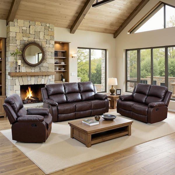 170 in. Overall Pillow Top Arm Leather Rectangle Recliner Sofa Set in Brown, 6-Seats Sectional Couch for Living Room