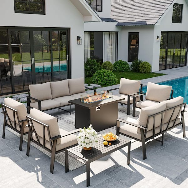 9-Person 8-Pieces Outdoor Aluminum Sofa Set with Beige Cushions, Fire Pit Table and Coffee Table