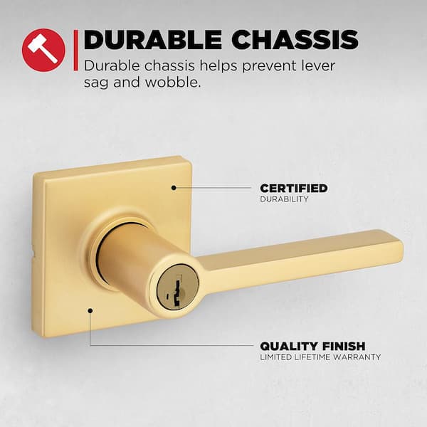 Kwikset Casey Satin Brass Square Keyed Entry Door Handle Featuring