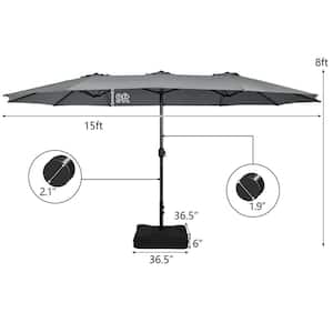 15 ft. Iron Market Double-Sided Twin Patio Umbrella with Crank in Gray