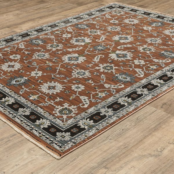 Key Rust/Gray 8 ft. x 11 ft. Traditional Oriental Polyester Fringed-Edge Indoor Area Rug