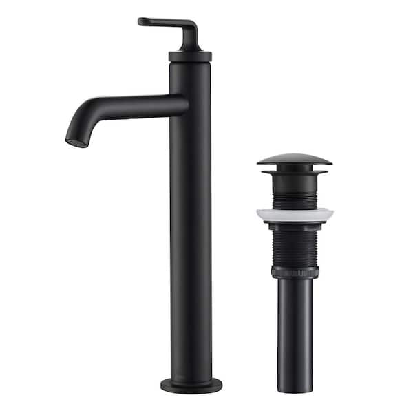 KRAUS Ramus Single Hole Single-Handle Vessel Bathroom Faucet with Matching Pop-Up Drain in Matte Black