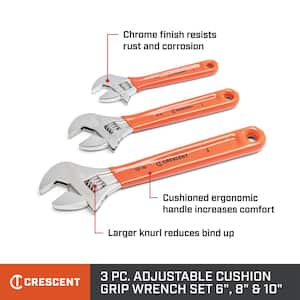 6 in., 8 in., and 10 in. Chrome Cushion Grip Adjustable Wrench Set (3-Piece)