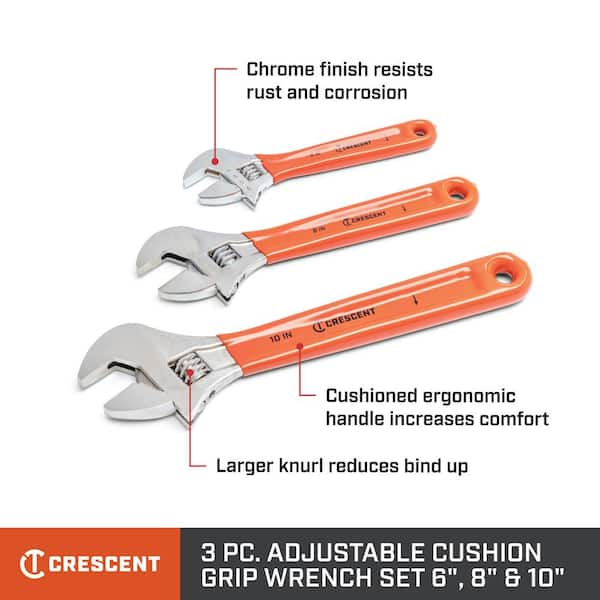 6 in., 8 in., and 10 in. Chrome Cushion Grip Adjustable Wrench Set (3-Piece)