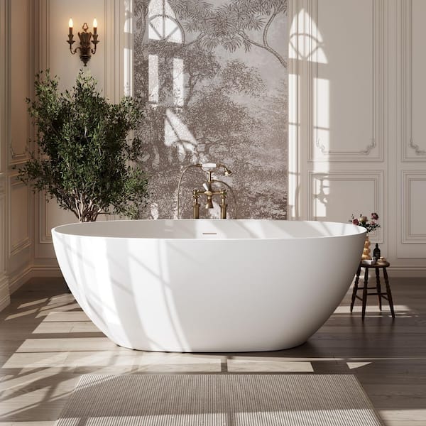 Mirea 59 in. x 29 in. Solid Surface Stone Resin Flatbottom Freestanding Double Slipper Soaking Bathtub in Matte White