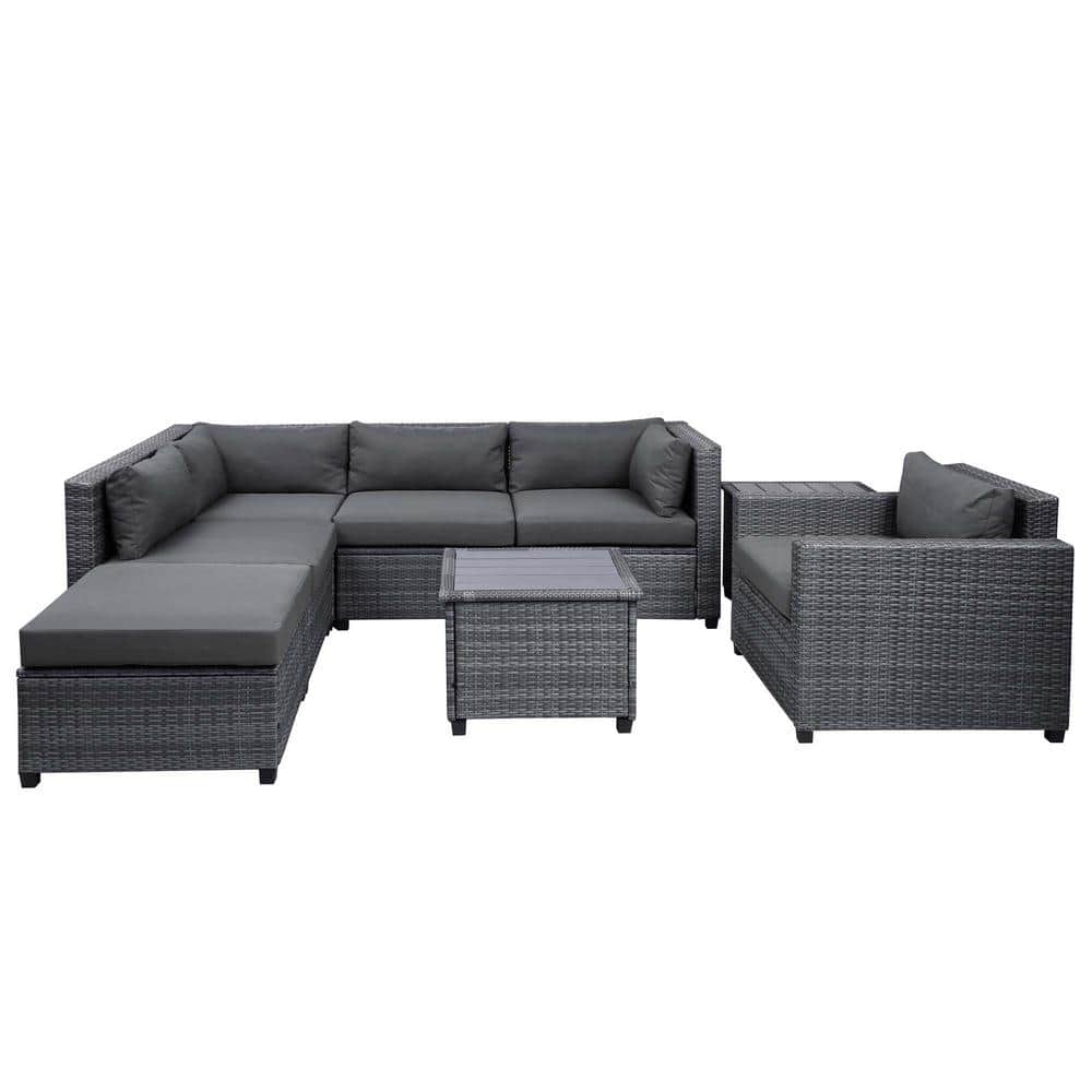 Gray 8-Piece Wicker Metal Outdoor Sectional Set with Gray Cushions