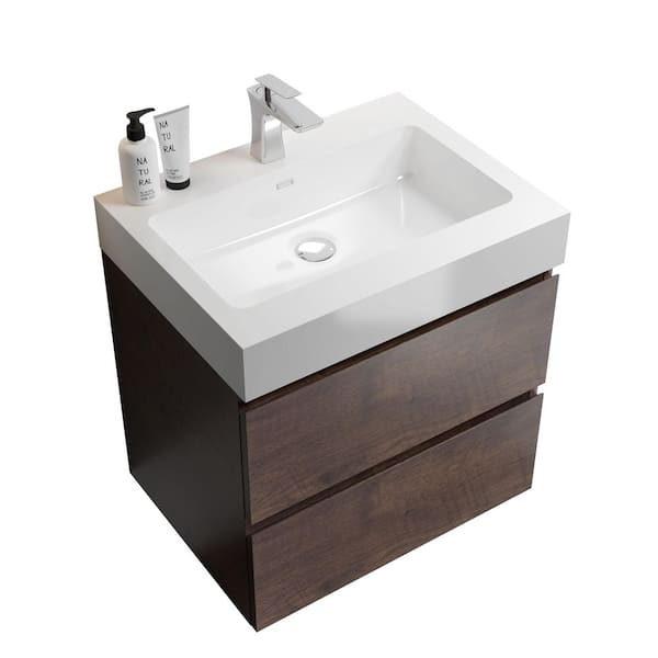 24 in. Wall Mount Modern Single Sink Walnut Bath Vanity with One-Piece White Solid Surface Top Sink Pre-assembled