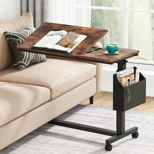 Kerlin 32 in. Rustic Brown C Shaped Wood End Table with Wheels and Side Pocket, Sofa Snack Table with Tiltable Board
