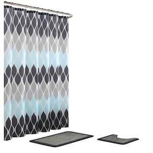 Clarisse Geometric 18 in. x 30 in. 15-Piece Bath Rug and Shower Curtain Set in Grey/Blue