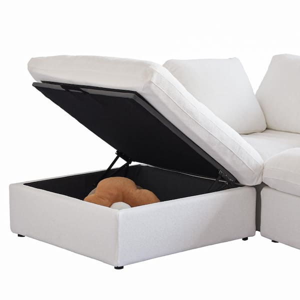 120.45. Square Arm Linen 4-Piece L Shaped Free Combination Modular Sectional Sofa with Ottomans in White