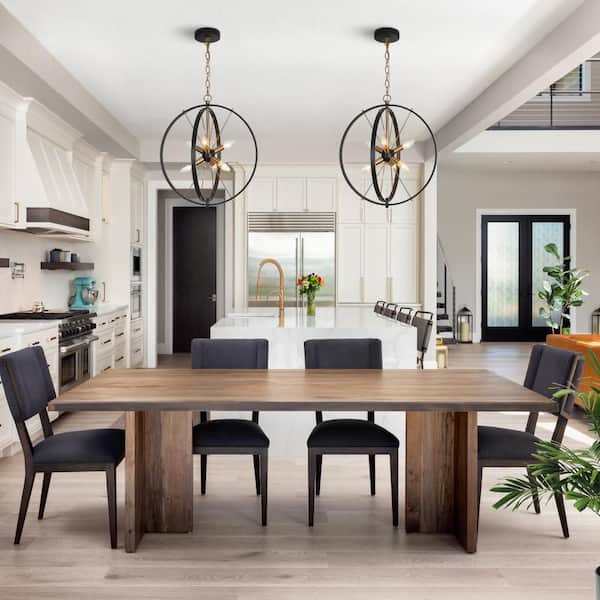 18 in. Modern Farmhouse 6-Light Black Globe Caged Chandelier, Brass-Plated Sputnik Pendant Hanging Light for Dining Room