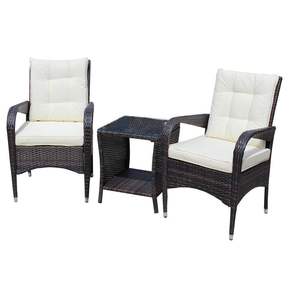 Cesicia 3-piece grey wicker outdoor furniture set with beige cushions on a white background.