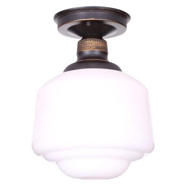 Hampton Bay Esdale 8 in. 1-Light Oil-Rubbed Bronze Semi-Flush Mount with Milk Glass Shade