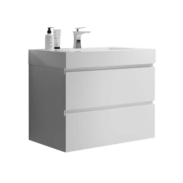 30 in. Single Sink Floating White Bath Vanity with White Ceramic Top (Assembled), Large Storage
