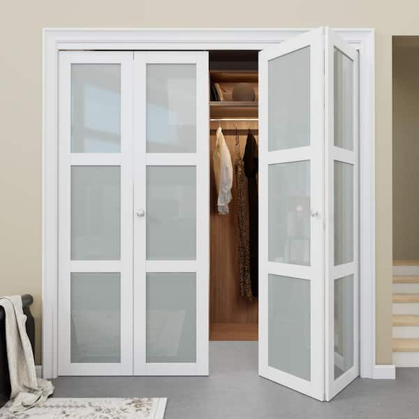 72 in. x 80 in. 3-Lite Tempered Frosted Glass and Solid Core White Finished Close Bi-Fold Door with Hardware