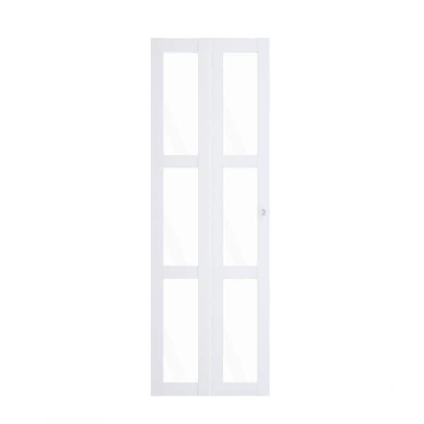 TENONER 24 in. x 80 in. Clear Glass, Solid Core, White, MDF, 3-Lite, Water-Proof PVC Covering Bi-Fold Door with All Hardware