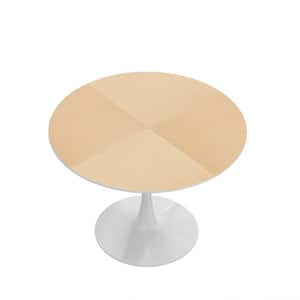 42.13 in. White Modern Round Outdoor Coffee Table Printed Wood Grain Table Top, Metal Base