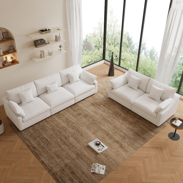 Modular Linen Fabric Down Filled Cloud Living Room Set 2 Seater and 3 Seater Sectional Sofa with Washable Cover in White