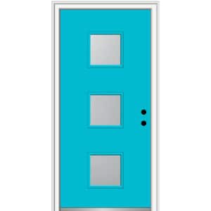 36 in. x 80 in. Aveline Left-Hand Inswing 3-Lite Frosted Glass Painted Fiberglass Smooth Prehung Front Door