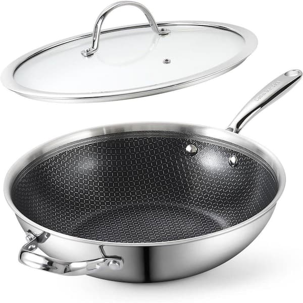 12 in. Multiply Clad Stainless Steel Hybrid Nonstick Flat Bottom Wok with Glass Lid, Compatible with All Stovetops