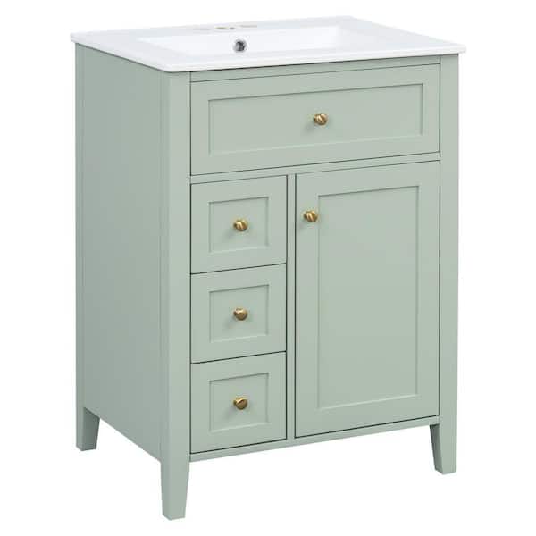 24 in. Green Wood Rectangle Vessel Sink Bathroom Vanity Combo with Adjustable Shelves, 3 Drawers