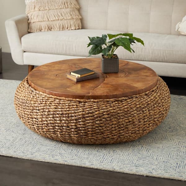 47 in. Brown Round Rattan and Teak Wood Coffee Table