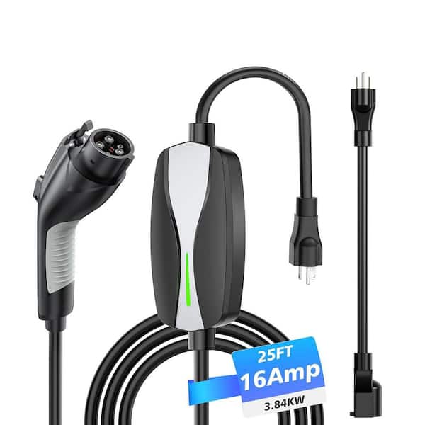 25ft 110-240 Volt Level 1/2 Portable EV Charger with NEMA 6-20 Plug 5-15 Adapter J1772 Black Electric Car Charging