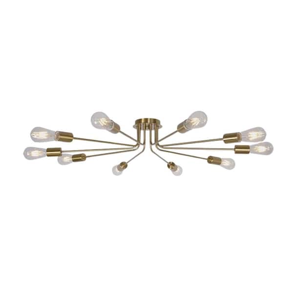 Amucolo 44.48 in. 10-Light Brushed Gold Sputnik Chandelier Ceiling Light Semi Flush Mount Light Ceiling Lamp