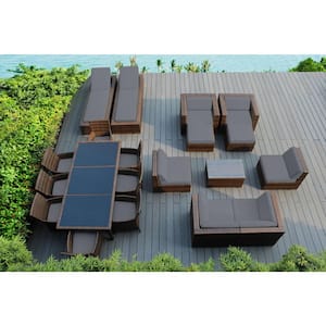 Mixed Brown 20-Piece Wicker Patio Combo Conversation Set with Supercrylic Gray Cushions