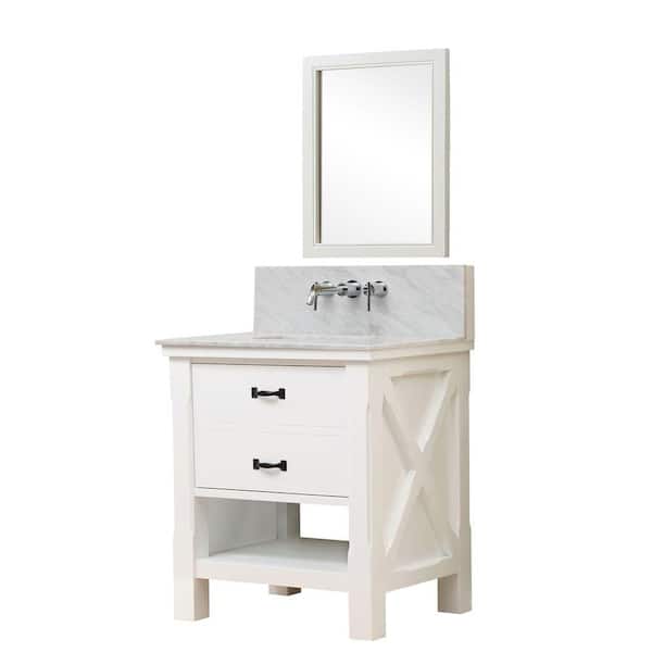Direct vanity sink Xtraordinary Spa Premium 32 in. Vanity in White with Marble Vanity Top in Carrara White with White Basin and Mirror