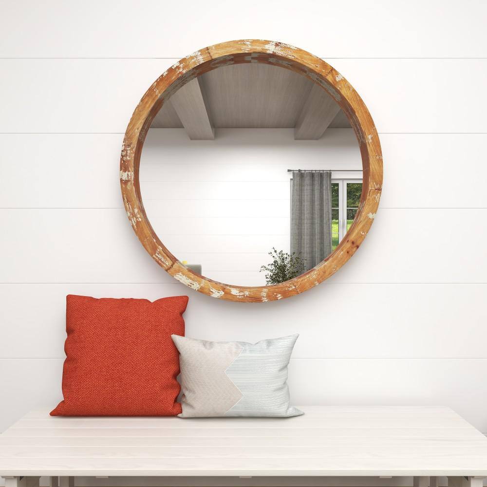 Vintage Round Brown Wood Wall Mirror