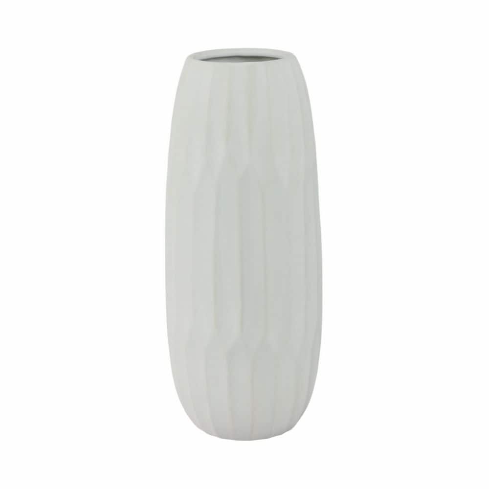 White Ceramic Indented Design Table Vase, 14"