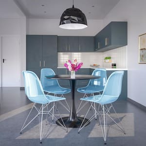 5-Piece Dining Set 35 in. Round Dining Table with 4 ABS Plastic Side Chair with Chrome Base in Transparent Blue