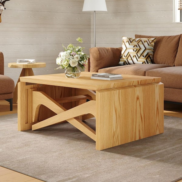 Modern 31.5 in. Natural Finish Rectangle Wood Transformer Coffee Table, Expandable Dining Table
