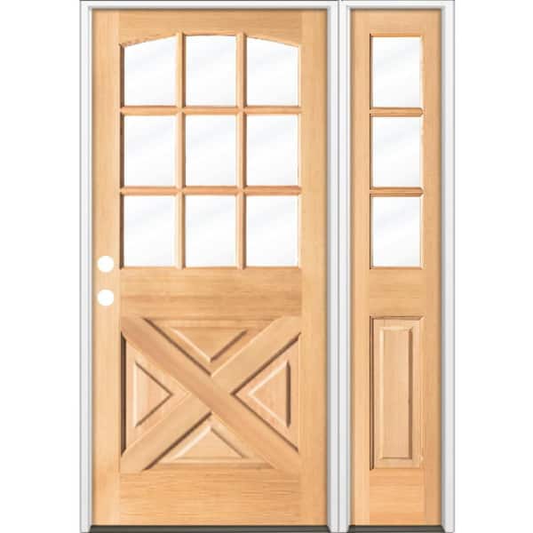 Krosswood Doors 50 in. x 80 in. Farmhouse X Panel RH 1/2 Lite Clear Glass Clear Stain Hemlock Wood Prehung Front Door with RSL