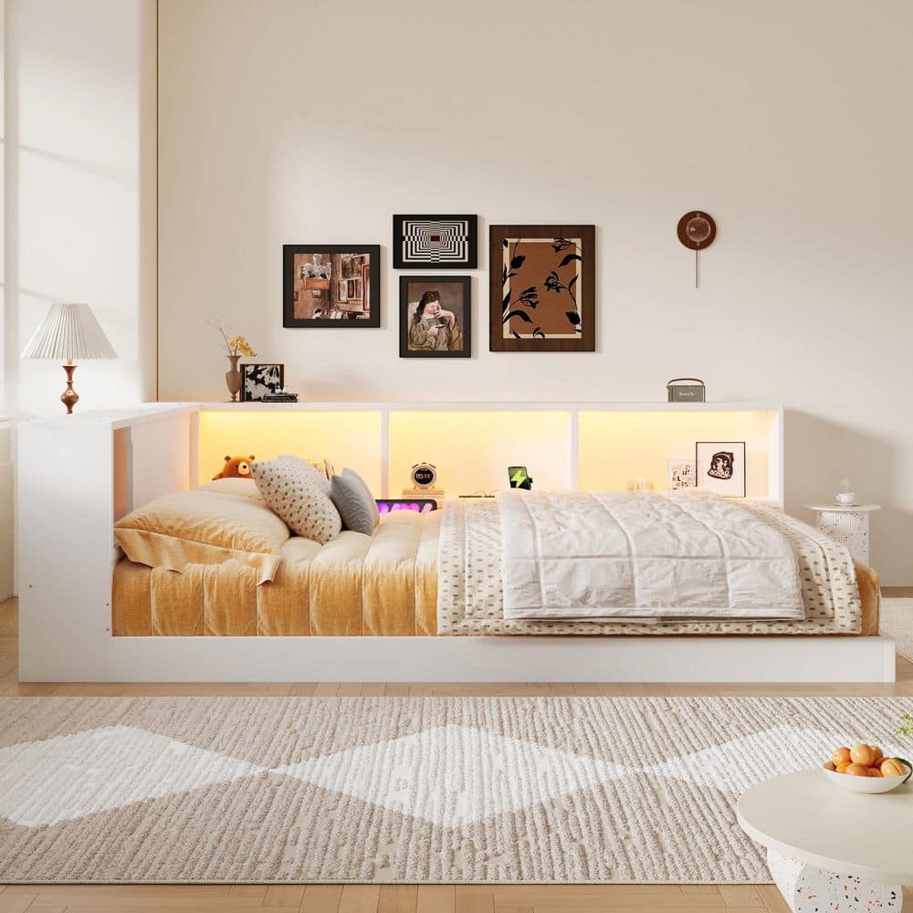 White Pine Wood Frame Queen Platform Bed with Storage Shelves, USB and LED