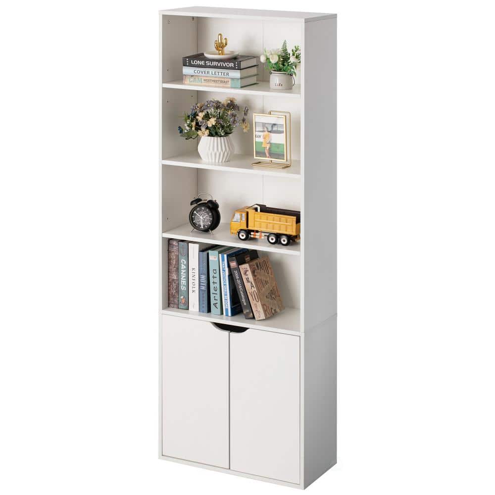 White 71" Adjustable Wood Bookcase with Doors
