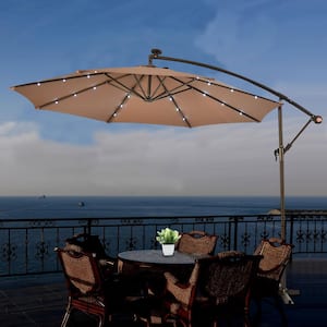 10 ft. Steel Cantilever Solar Tilt Patio Umbrella with LED Lights and Cross Base in Tan