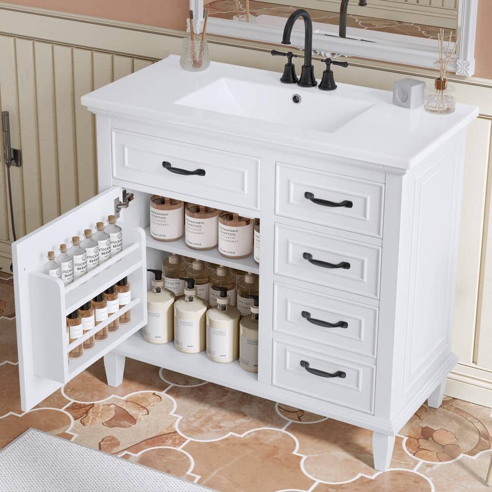 36 in. White Bath Vanity with White Ceramic Sink Top, Flip Drawers, Adjustable Shelf and Zinc Alloy Handles price history on PriceWatchPro