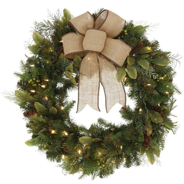 Home Accents Holiday 30 in. LED Pre-Lit Nature Inspired Artificial Christmas Wreath with Burlap Bow and 50 Battery-Operated Warm-White Lights