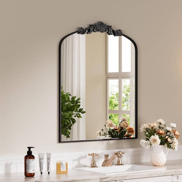 30 in W x 36 in. H Arched Black Framed with Carved Decoration Antique Vanity Wall Mirror