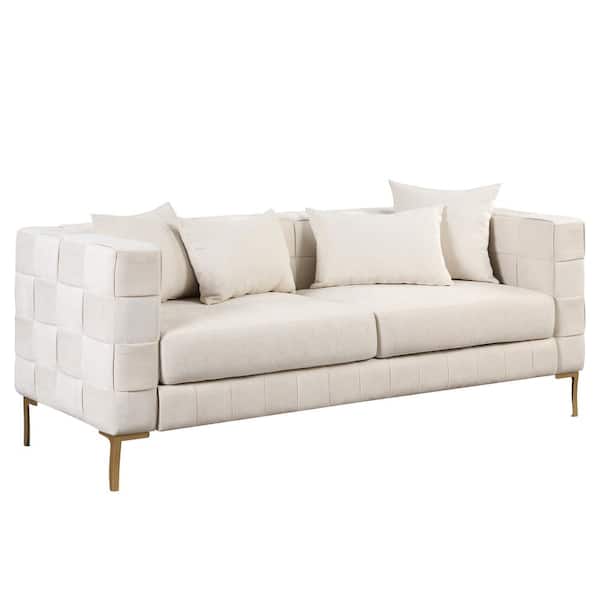 Polibi 80.50 in. Straight Arm Chenille Material Rectangle Sofa in Beige with 4 Pillows and Metal Legs