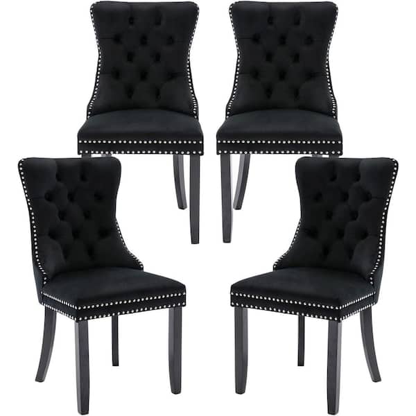 Mydepot Black Velvet Upholstered Dining Chairs Side Chairs Set of 4 Accent Diner Stylish Kitchen Chair with Wood Legs and Padded