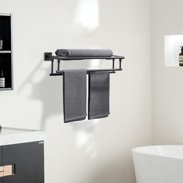 16 in. Bathroom Wall Mounted Double Tier Towel Rack with Double Towel Bar Stainless Steel in Matte Black