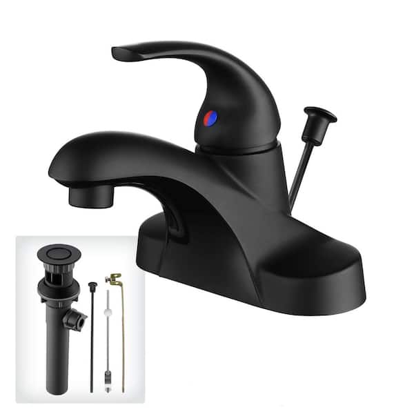 ALEASHA 4 in. Centerset Single Handle Mid Arc Bathroom Sink Faucet with Drain Kit Included in Matte Black