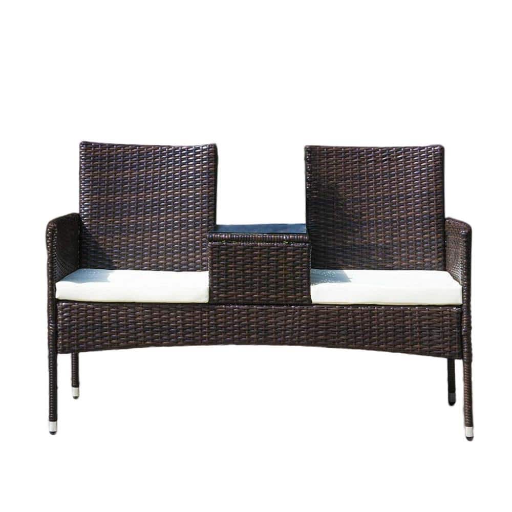Brown Wicker Outdoor Loveseat Hand-Made Rattan with Padded Beige Cushion Ho