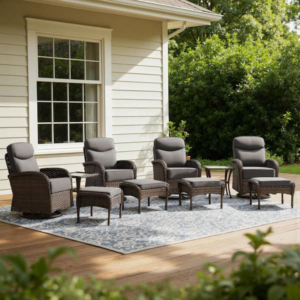 Luna Brown 10-Piece Wicker Swivel Gliders Patio Conversation Set with 6 in. Gray Cushions and Ottomans