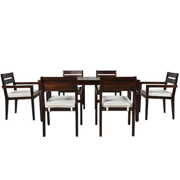 waelph Dark Brown 7-Piece Wood Outdoor Dining Set with Beige Cushion
